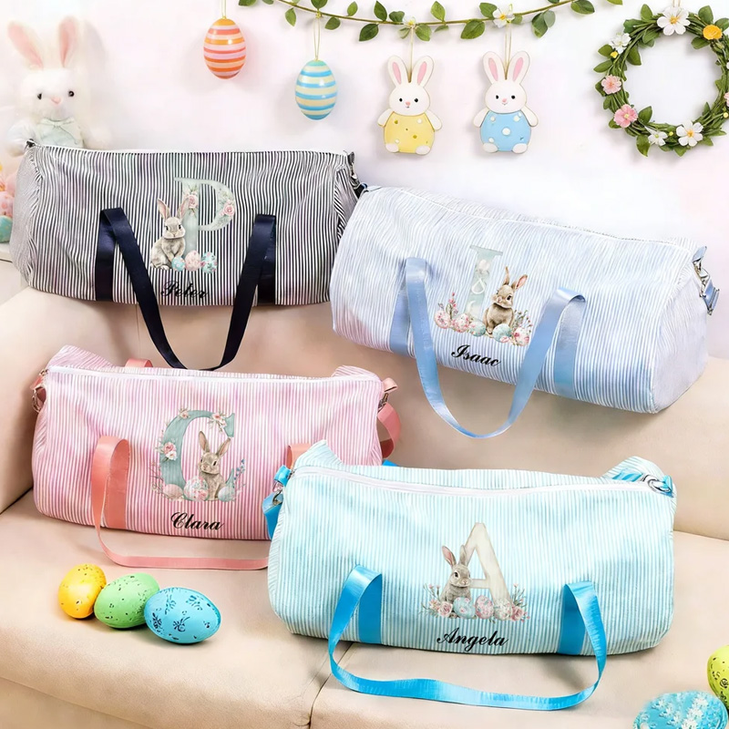 Personalized Cute Easter Rabbit Egg Striped Canvas Large Capacity Travel Bag with Name and Shoulder Strap Easter Gift for Kids Teenagers