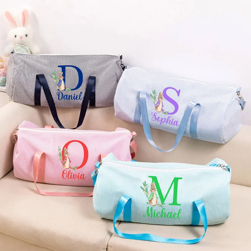 Personalized Cute Peter Rabbit Striped Canvas Large Travel Bag with Name and Shoulder Strap Travel Easter Gift for Kids