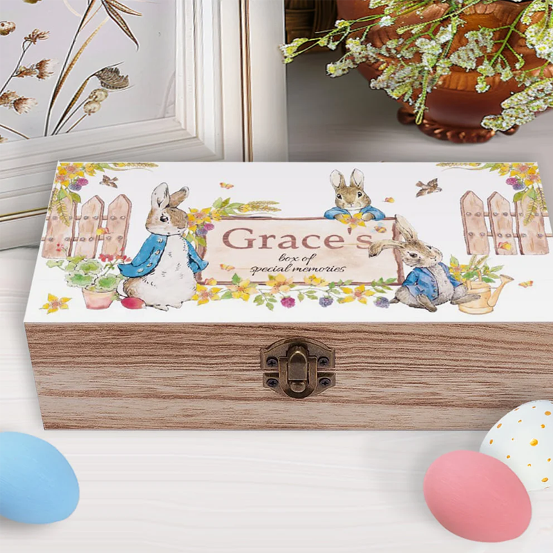 Personalized Peter Rabbit Bunny Wooden Storage Box Easter Birthday Gift for Kids Friend