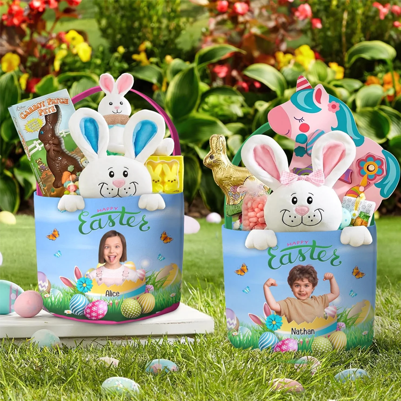 Personalized Happy Easter Kid with Easter Eggs Photo Easter Basket Easter Gifts for Kids