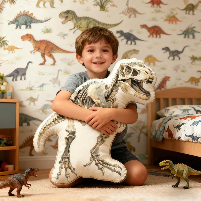 Personalized Dinosaur Skeleton Custom Name Soft Decorative Gift Prehistoric Adventure Style Cool Bedroom Ancient Fossil Fun Kid Graphic 3D Print Pillow