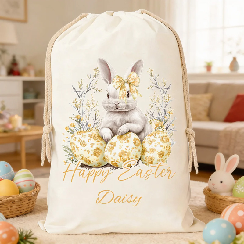 Personalized Floral Easter Bunny Egg Drawstring Canvas Treat Bag with Name Easter Egg Hunt Party Gift for Kids