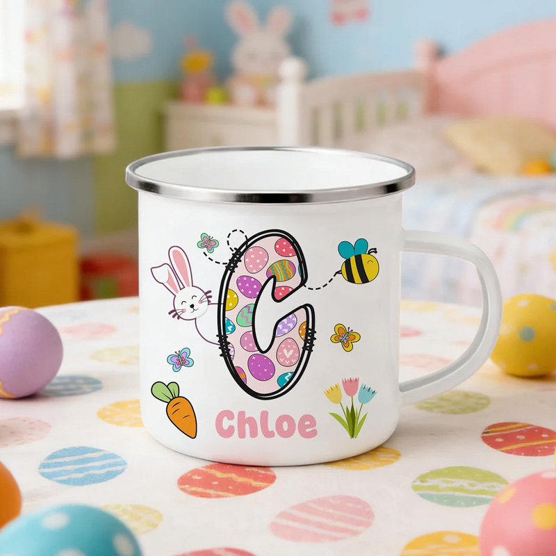 Personalized Cartoon Bunny Easter Eggs Initial 12 oz Enamel Mug with Name Daily Use Happy Easter Gift for Boys Girls
