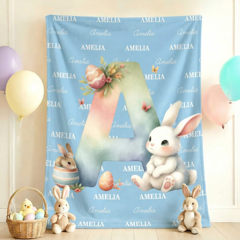 Personalized Cute Easter Bunny Egg Soft Throw Blanket with Name and Initial Home Decor Easter Party Gift for Kids