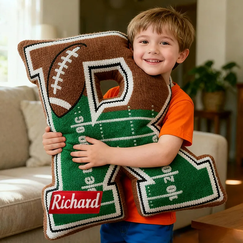 Personalized Football Field Initial Pillow with Custom Name for Kids and Sports Fans