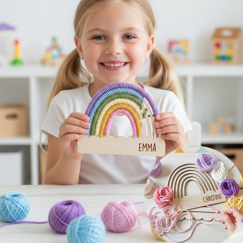 Personalized DIY Yarn Rainbow Kit for Kids Custom Name Craft with Birch Base and 6 Yarn Colors