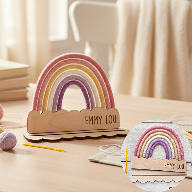 Personalized DIY Yarn Rainbow Kit for Kids Custom Name Craft with Birch Base and 6 Yarn Colors