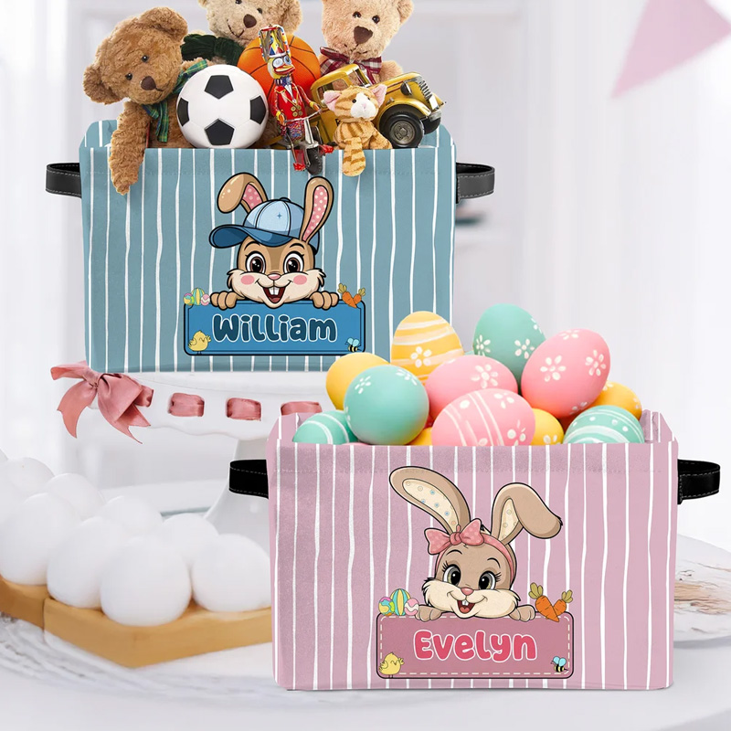Personalized Cute Easter Bunny Striped Design Name Large Storage Basket with Handle Easter Birthday Gift for Kids