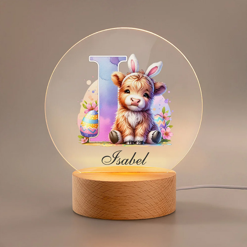 Personalized Bunny Ears Highland Cow Easter Egg LED Night Light with Name and Wooden Base Nursery Decor Easter Gift for Kids