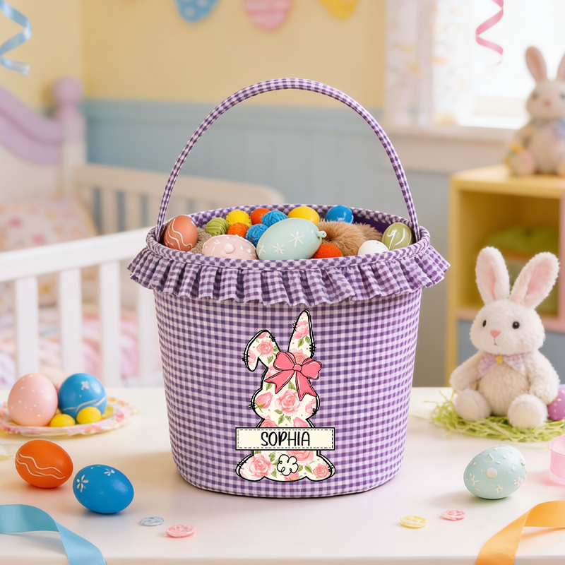 Personalized Bunny Plaid Easter Basket with Name Easter Eggs Hunting Easter Day Gift for Boys Girls