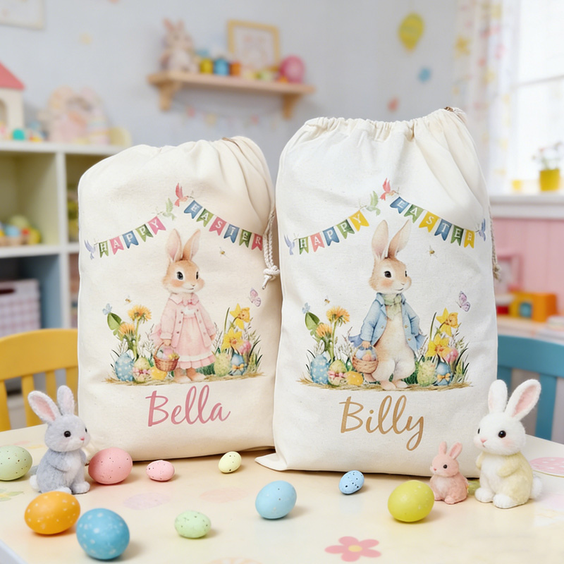 Personalized Easter Bunny Theme Name Kids Gift Bag Custom Canvas Storage Sack for Egg Hunt Spring Party Basket Substitute