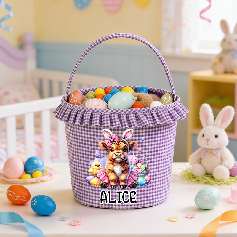 Personalized Cute Easter Highland Cow Plaid Easter Basket with Name Easter Eggs Hunting Easter Day Gift for Boys Girls