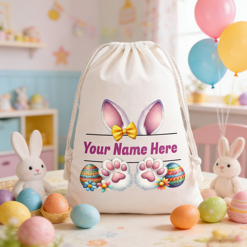 Personalized Easter Bunny Ear Theme Name Custom Gift Bag Kids Candy Storage Sack for Egg Hunt Spring Party Decor