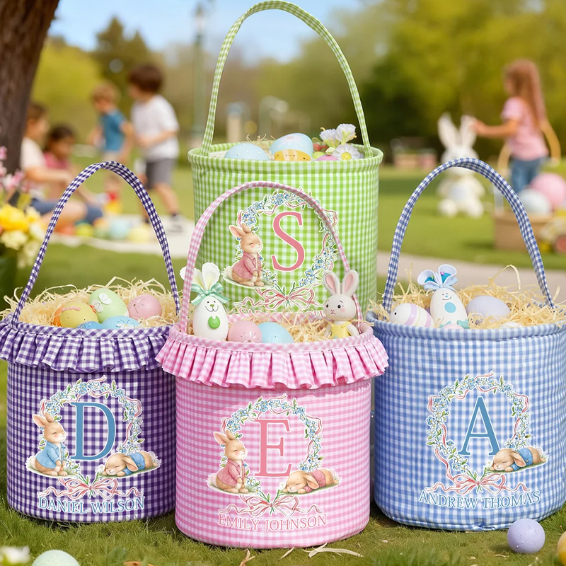 Personalized Cute Wreath Bunny Plaid Easter Basket with Name and Initial Easter Eggs Hunting Easter Day Gift for Boys Girls