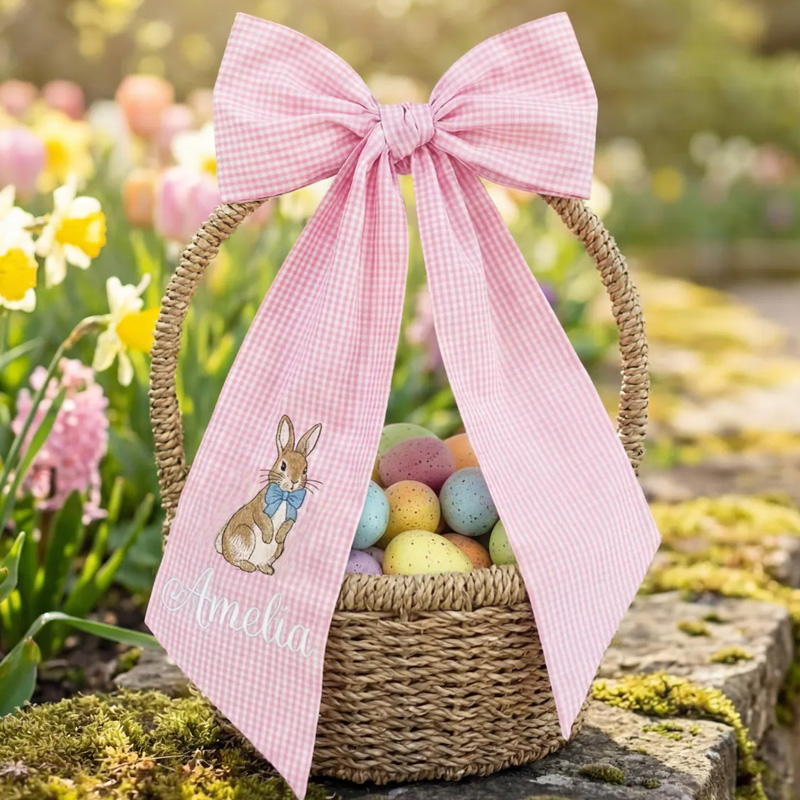 Personalized Cute Bunny Cotton Gingham Easter Basket Sash with Embroidered Name Basket Decor Easter Baptism Gift for Baby