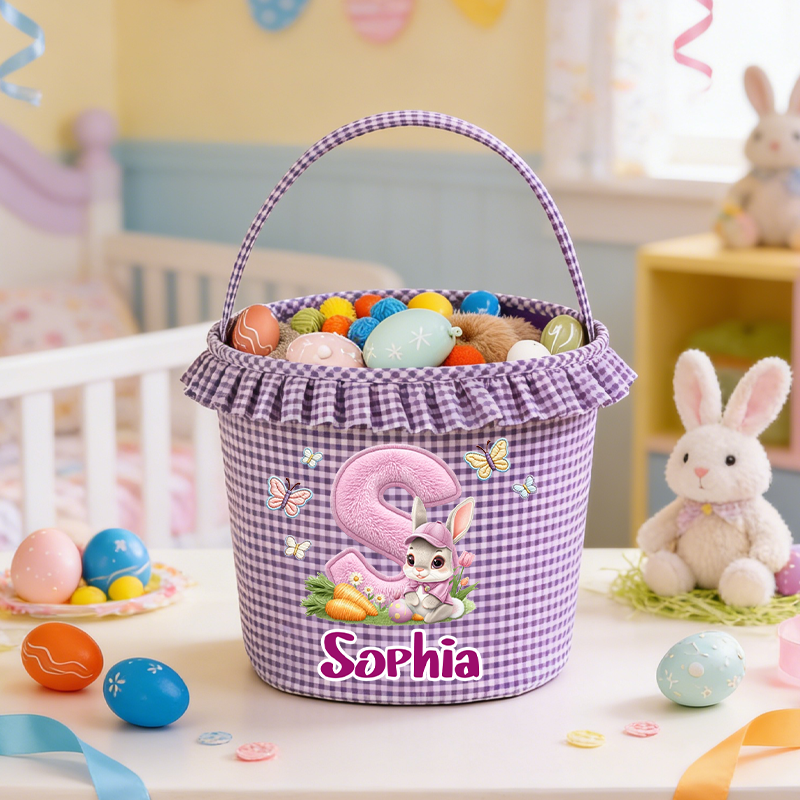 Personalized Butterfly Cute Rabbit Plaid Easter Basket with Name and Initial Easter Eggs Hunting Easter Day Gift for Boys Girls