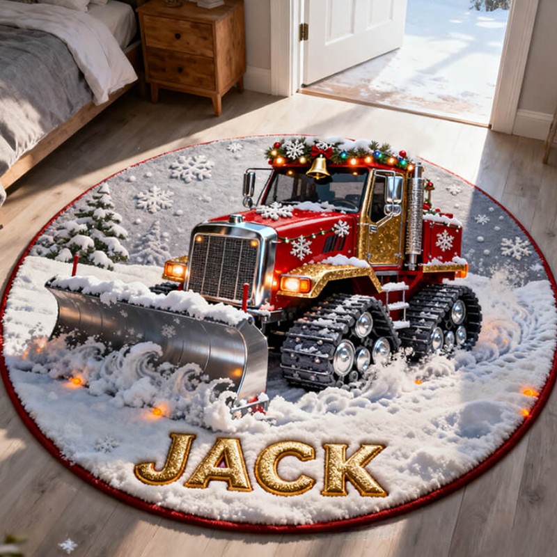 Personalized Christmas Truck Custom Name Snow Plow Festive Holiday Style Cozy Winter Home Carpet Red Vehicle Fun Joyful Gift Warm Welcome Entryway Rug for Kids Sale-megacustom