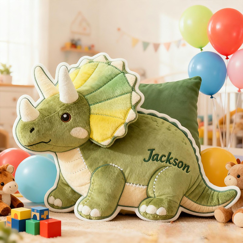 Personalized Triceratops Dinosaur Custom Name Soft Decorative Gift Adventure Style Cozy Kids Room Green Cute Prehistoric Fun Playful Graphic 3D Print Pillow
