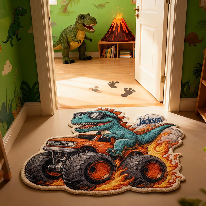 Personalized Dinosaur Monster Truck Custom Name Soft Decorative Gift Adventure Style Fun Playroom Cool Boys Room Fire Power Racing Carpet Rug for Kids