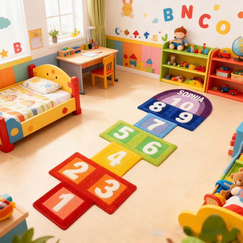 Personalized Rainbow Hopscotch Number Custom Name Soft Educational Playroom Soft Floor Decorative Gift Fun Learning Kids Activity Carpet Rug for Kids