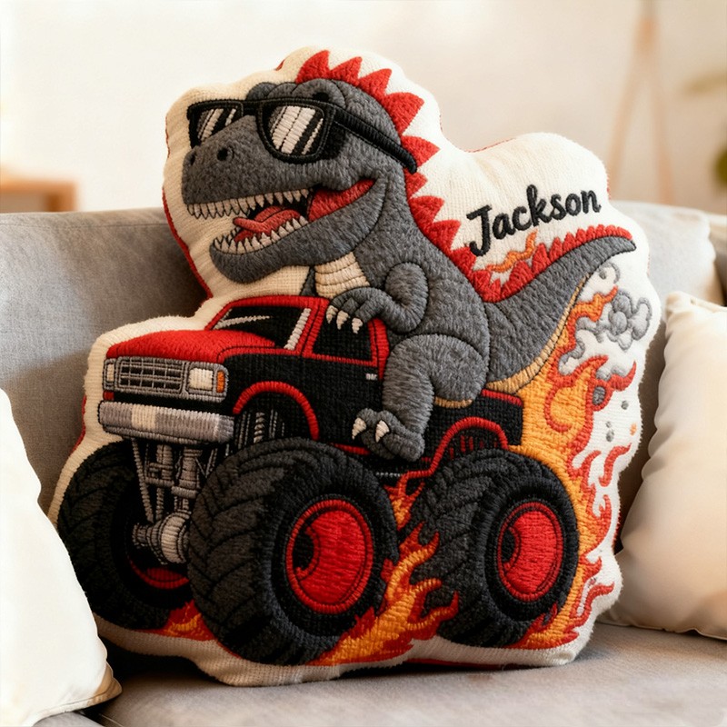 Personalized Cool Dinosaur Driving Monster Truck Custom Name Fun Boys Room Decoration Unique Adventure Style Plush  Graphic 3D Print Pillow