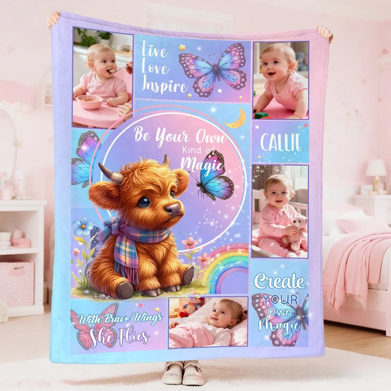 Personalized Floral Highland Cow Butterfly Soft Throw Blanket with Name and Photos Home Decor Baby Shower Birthday Gift for Girls