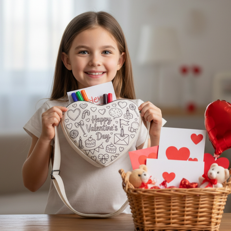 Personalized DIY Valentine's Canvas Bag Heart Shaped Coloring Tote for Kids with Markers