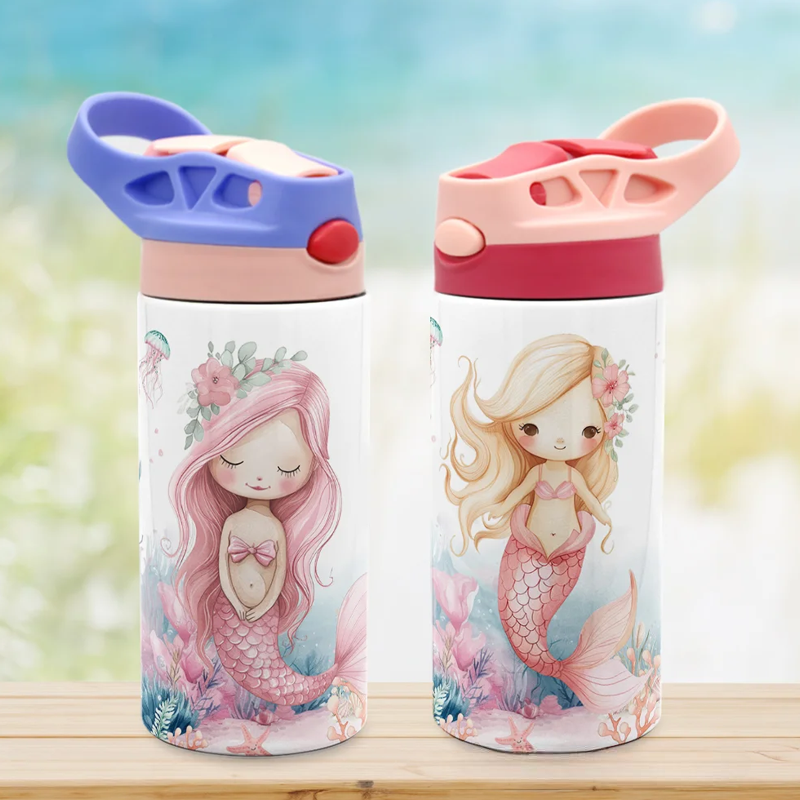 Personalized Pink Mermaid 12oz Insulated Kid Water Bottle with Name and Silicone Straw Back to School Birthday Gift