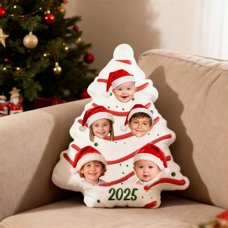 Personalized Christmas Tree Pillow with Custom Photos and Year Featuring Festive Holiday Design for Family Decor Pillow