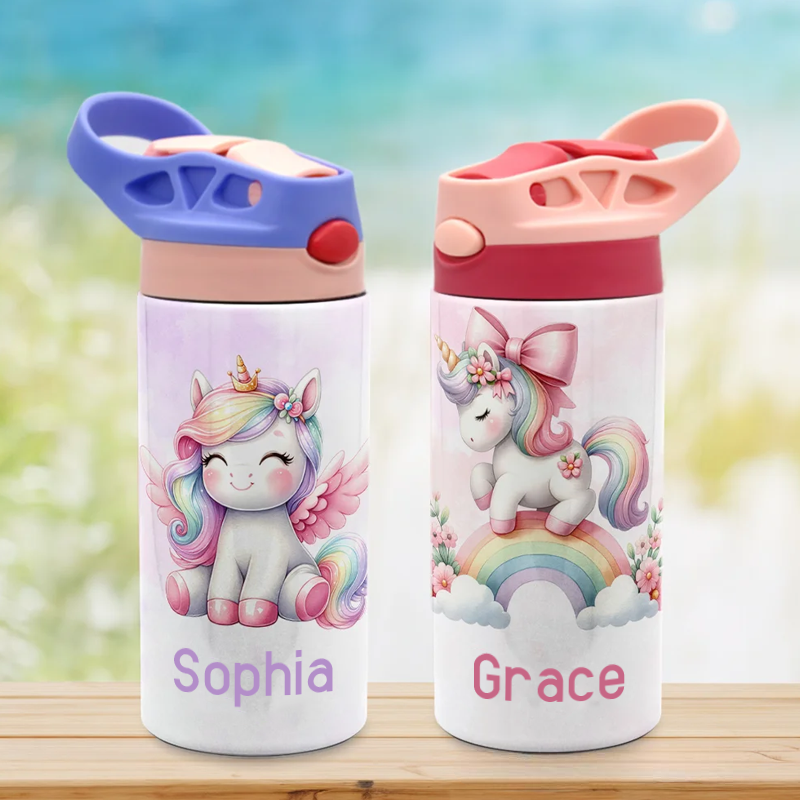 Personalized Colorful Dream Horse 12oz Insulated Name Water Bottle with Silicone Straw and Handle Birthday Christmas Gift