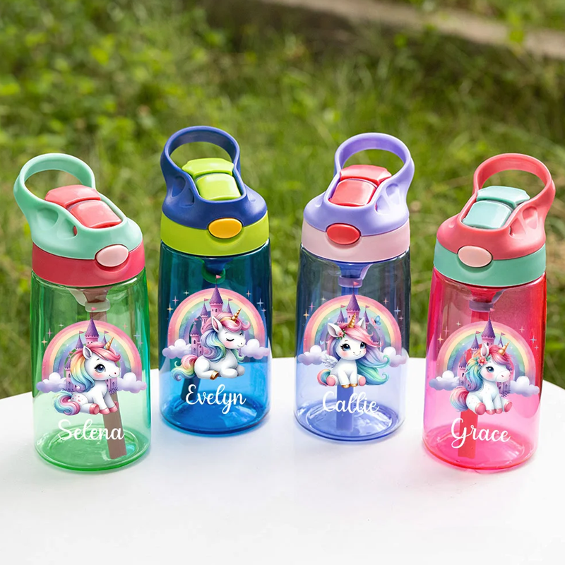 Personalized Rainbow Castle Dream Horse Design 16 oz Kid Water Bottle with Straw and Name Birthday Christmas Back to School Gift