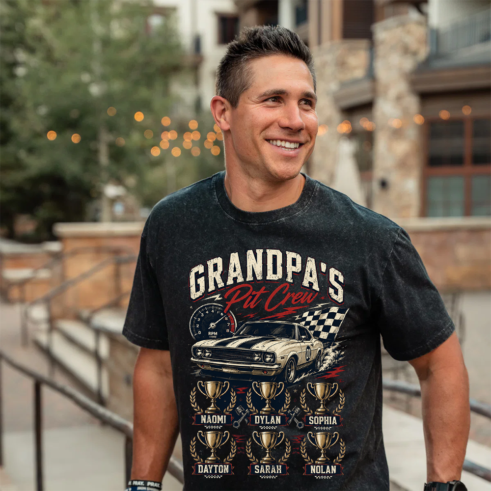 Personalized Grandpa's Pit Crew T-Shirt, Custom Vintage Race Car Shirt with Grandkids Names, Retro Racing Tee for Car-Loving Grandfathers, Fathers Day Gift