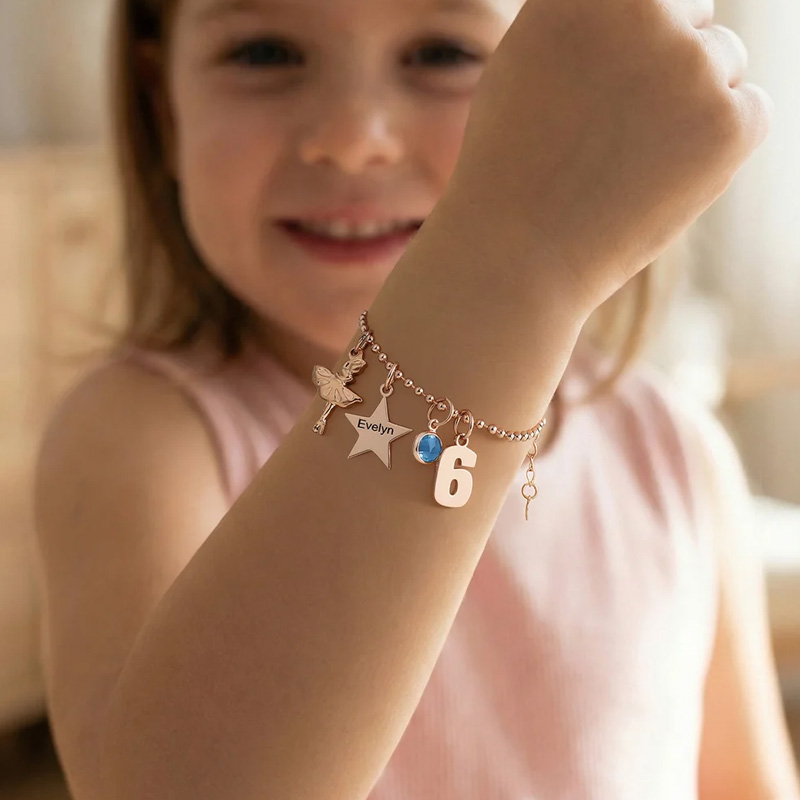 Personalized Lucky Star Heart Seahorse Ballerina Pendant Bead Chain Bracelet with Birthstone Number and Engraved Name Birthday Gift for Kids Girls