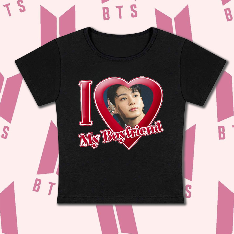 Personalized I Love My Boyfriend Heart Graphic Kpop Inspired Cute Y2K Aesthetic Short Sleeve Cropped Top Baby Tee K-Pop Fans Baby Tee