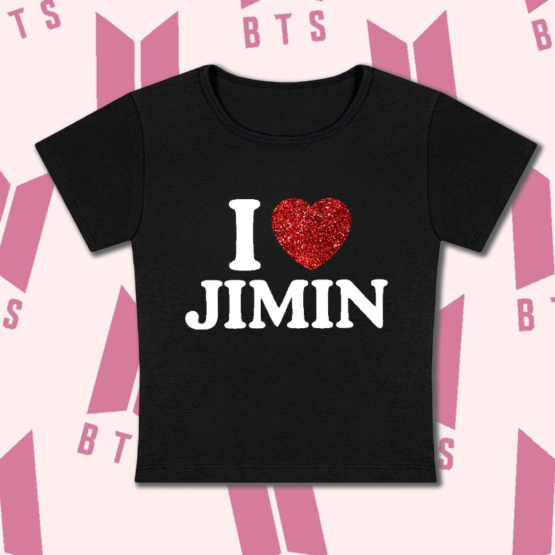 Personalized I Love Jimin Heart Glitter Graphic Kpop Inspired Cute Y2K Aesthetic Short Sleeve Cropped Top Baby Tee
