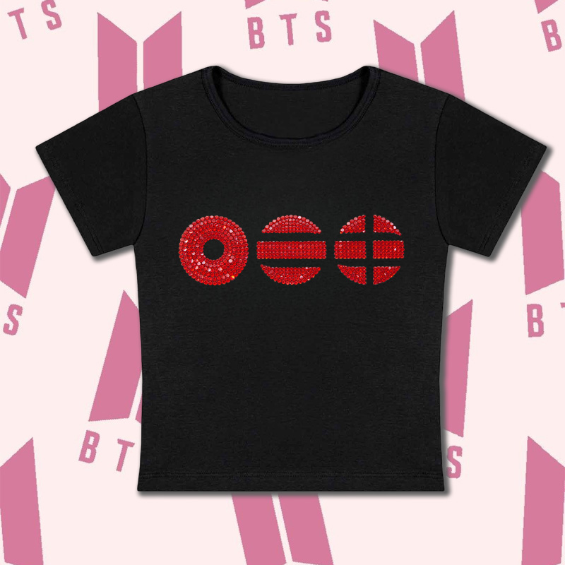 K-Pop Fans Rhinestones Cute Sweet Treat Graphic Kpop Inspired Aesthetic Short Sleeve Cropped Top Baby Tee
