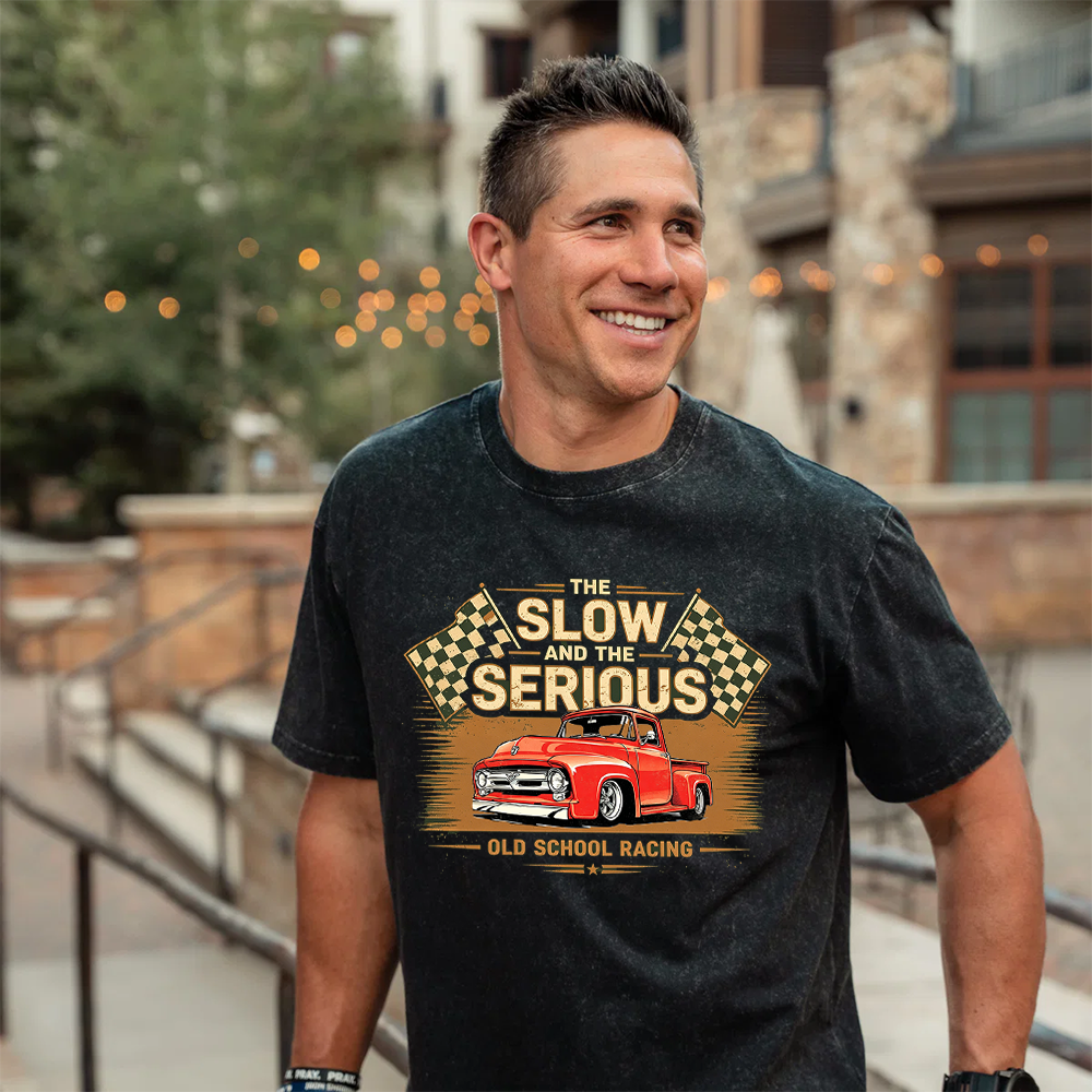 Personalized Retro Washed Cotton Racing T-Shirt Muscle Car "The Slow and The Serious" Graphic Tee, Vintage Checkered Flag Auto Enthusiast Shirt
