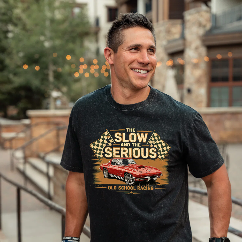 Personalized Retro Washed Cotton Racing T-Shirt Muscle Car "The Slow and The Serious" Graphic Tee, Vintage Checkered Flag Auto Enthusiast Shirt