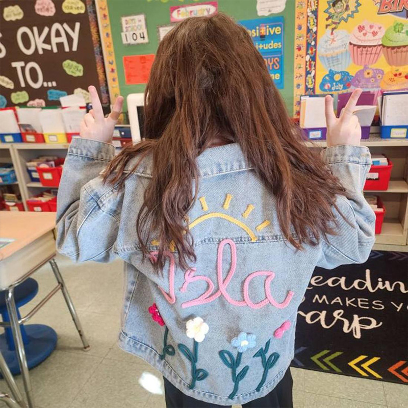 Personalized Sun and Flowers Embroidery Name Custom Cute Spring Garden Style Toddler Outfit Gift Kid Knitted Denim Jacket