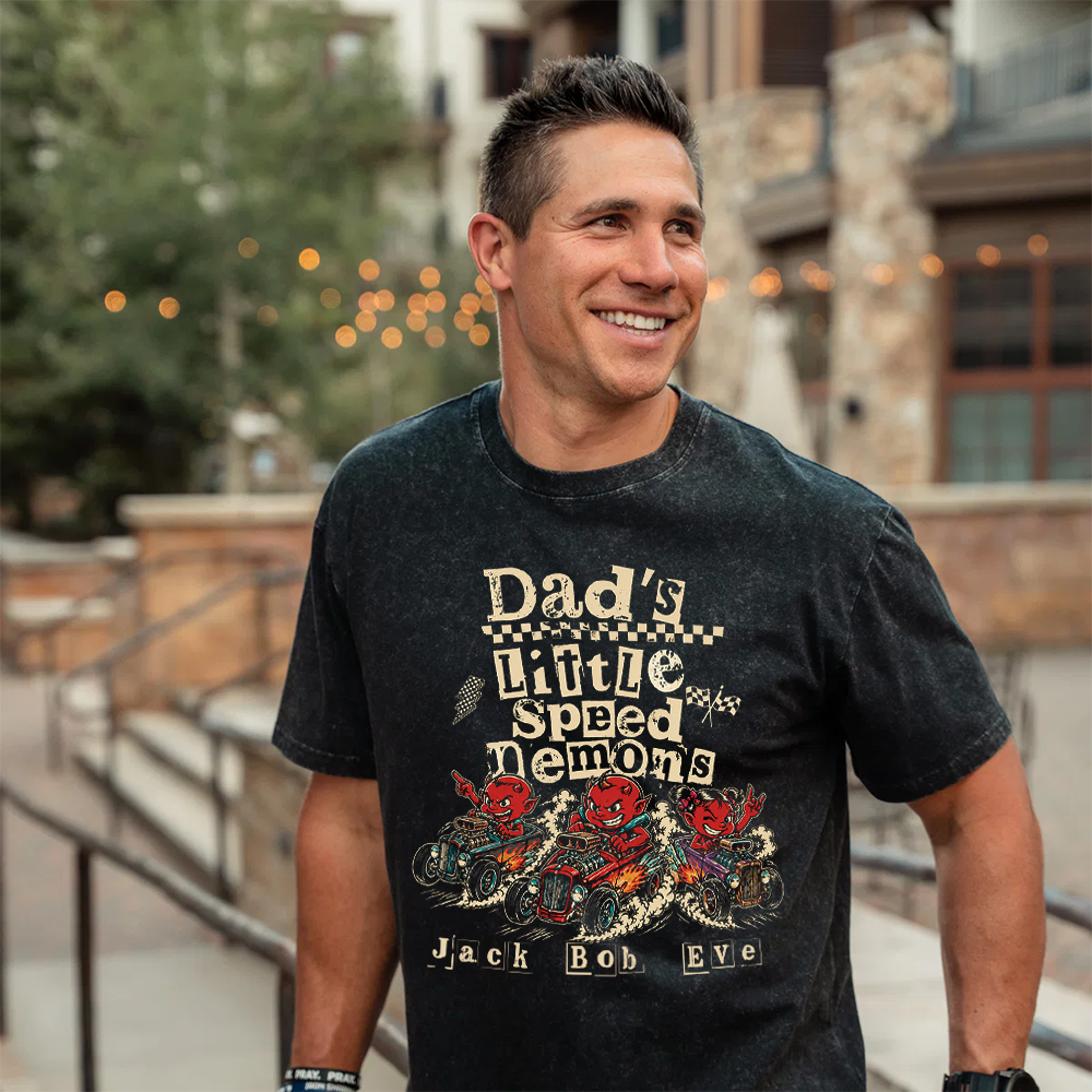 Personalized Dad's Little Speed Demons T-Shirt, Custom Kid Names Race Car Dad Tee, Racing Dad Gift