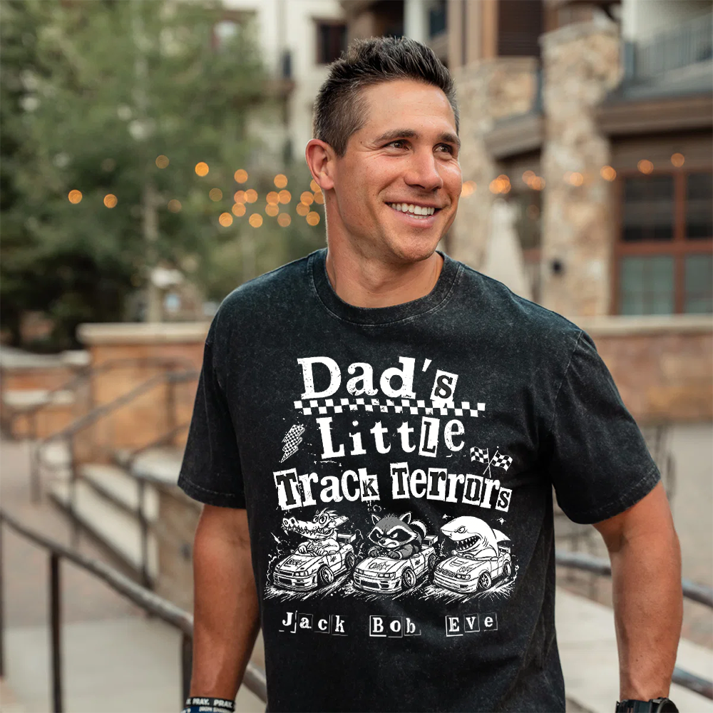 Personalized Dad's Little Track Terrors T-Shirt, Custom Kid Names Animal Race Car Dad Tee