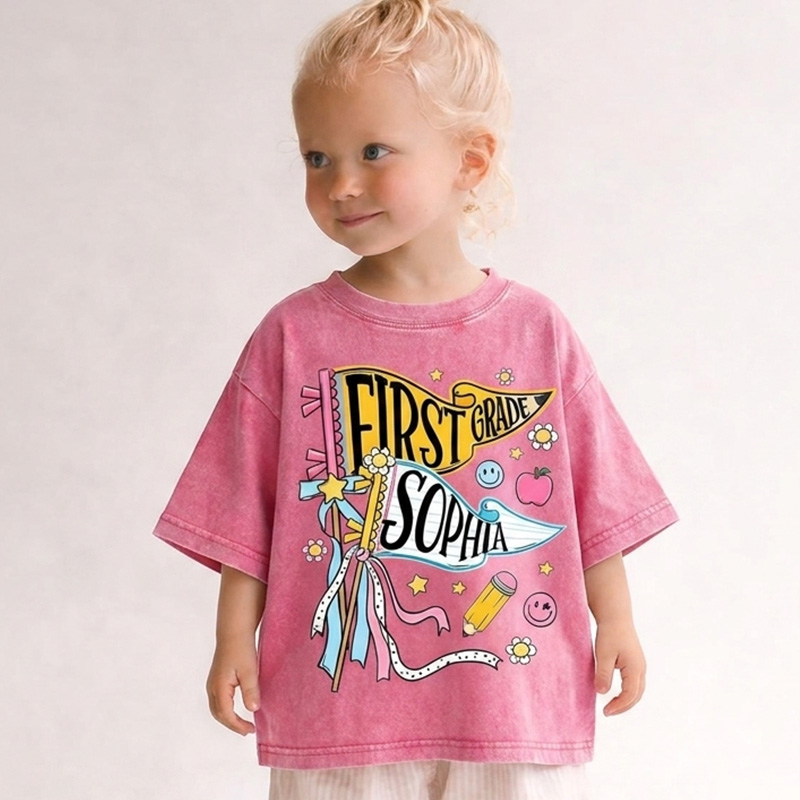 Personalized First Grade Pennant Name Back To School Cute Pastel Ribbons Stars Flowers Smiley Face Pencil Kid Washed T Shirt