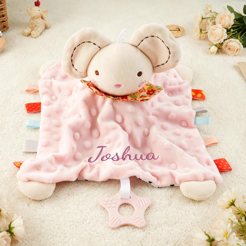 Personalized Embroidered Name Lovey Blanket Themed Cozy Sleep And Comfort Design Soft Pink Minky Dots Custom Name Baby Security Snuggle Toy Crinkle Sensory Security Toy
