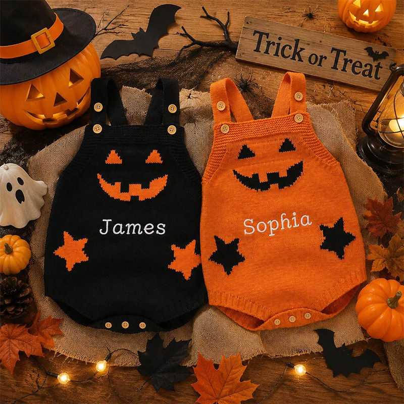Personalized Baby Knitted suspenders Romper Halloween Pumpkin Jack O Lantern Outfit Custom Name Sleeveless Jumpsuit Costume