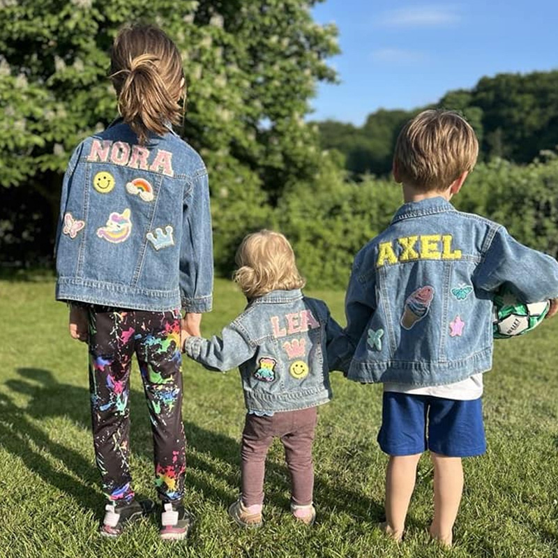 Personalized Rainbow Dream Horse Smiley Butterfly Lightning Patch Custom Name Colorful Fun Style Kid Denim Jacket