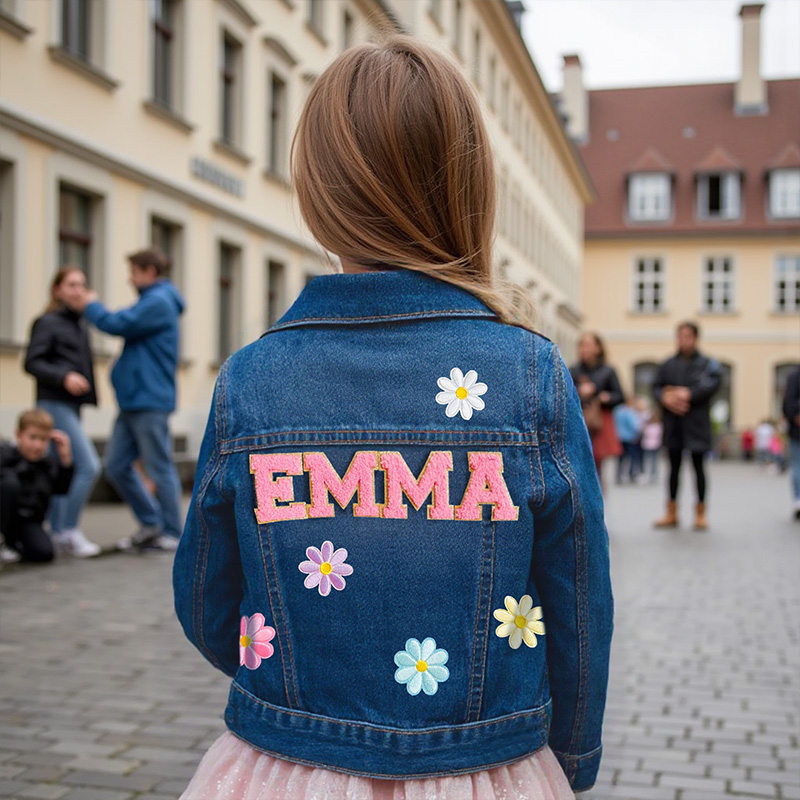 Personalized Pink Flower Custom Name Matching Sisters Outfit Spring Cute Style Kid Denim Jacket