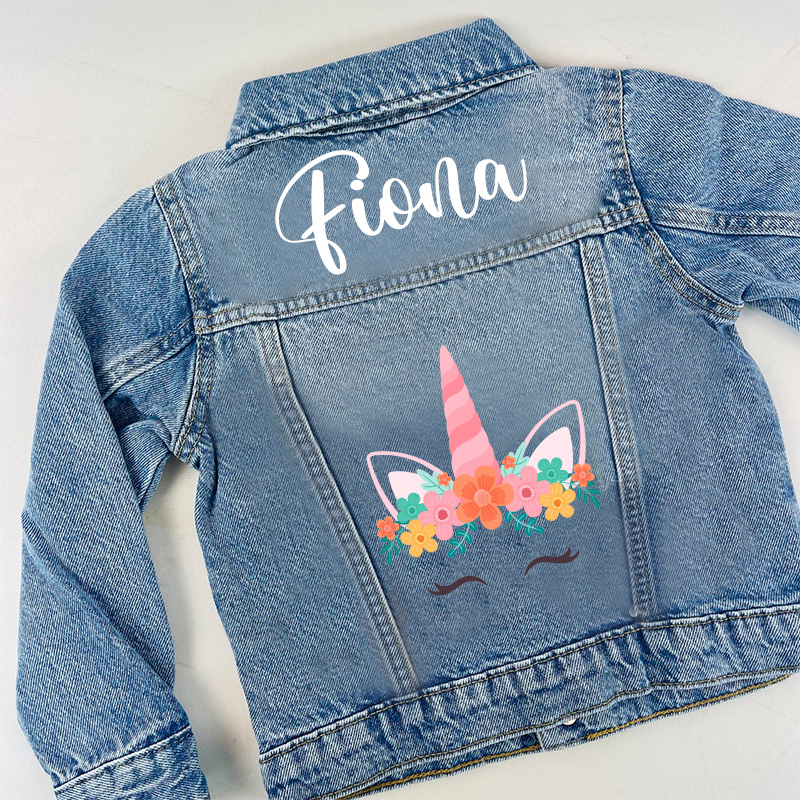 Personalized Dream Horse Floral Horn Custom Name Magical Fantasy Style Cute Toddler Girl Outfit Kid Denim Jacket