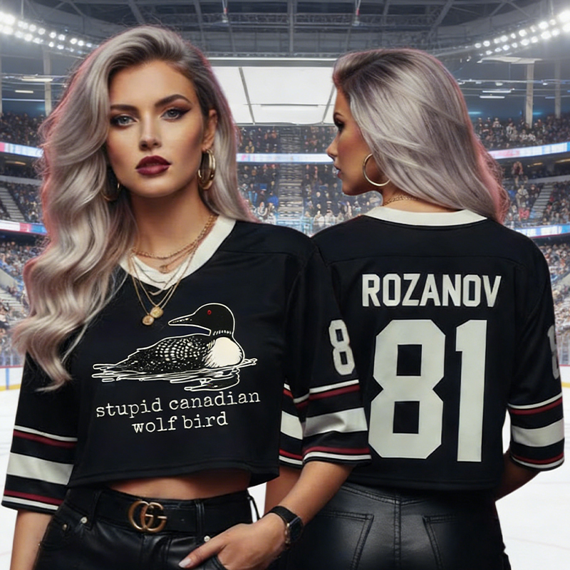Personalized "Stupid Canadian Wolf Bird" Women's Hockey Crop Jersey with Custom Details for Hockey Fans 