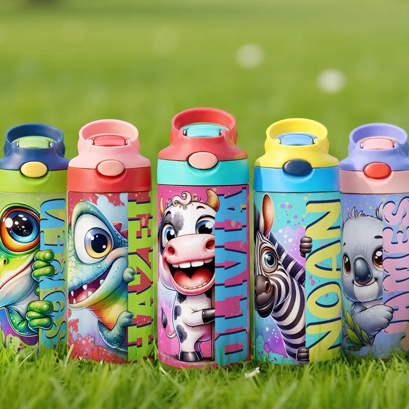 Personalized Cute Watercolor Animal 12 oz Kid Insulated Name Water Bottle with Handle and Silicone Straw Birthday Back to School Gift