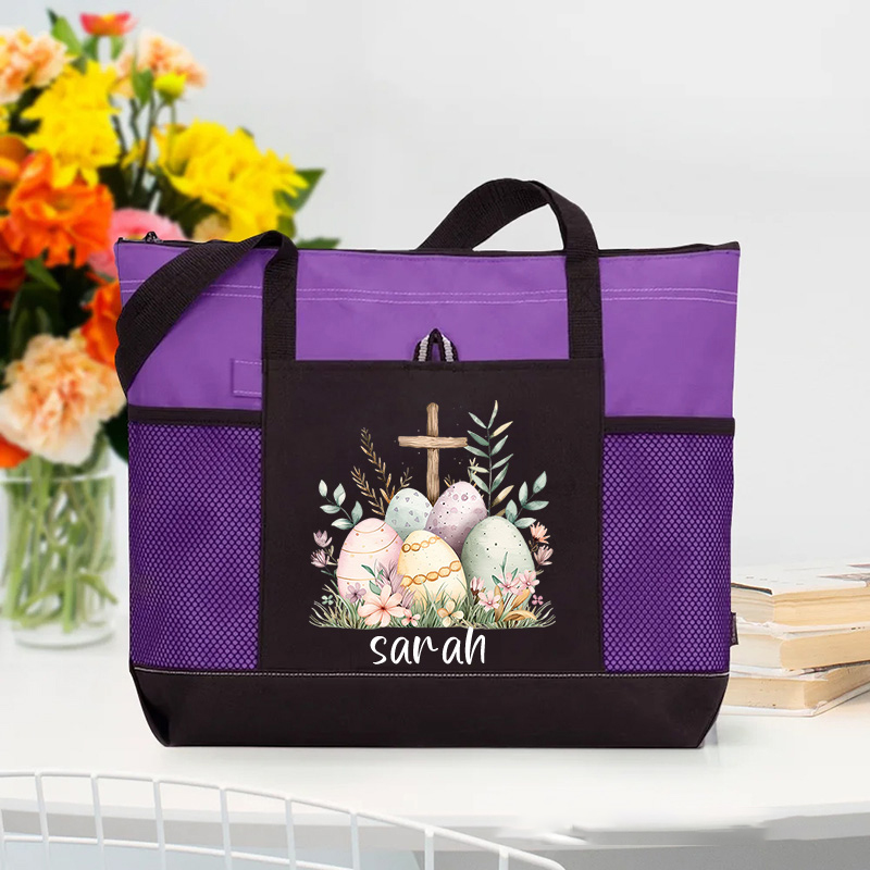 Personalized Easter Eggs Floral Cross Zipper Tote Bag with Name and Mesh Pocket Prayer Day Easter Storage Holiday Gift for Women Christian